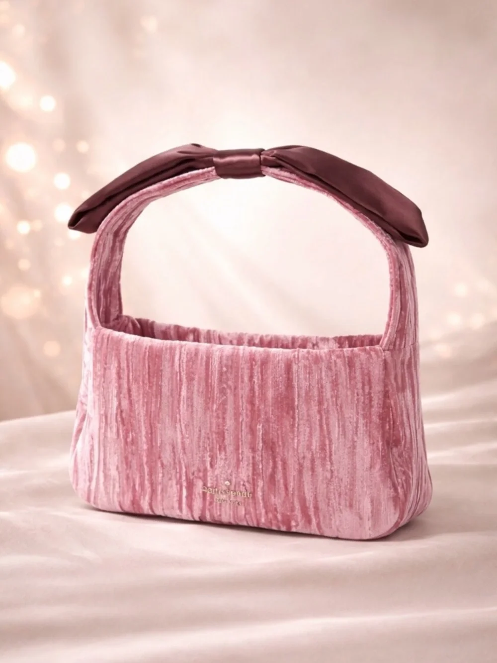 Kate Spade Crushed Velvet‎ Baguette Pomegranate Pink Bow Handbag MSRP $329